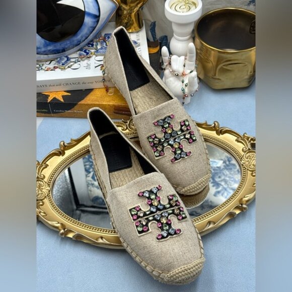 🆕 TORY BURCH 🧿 NWOB Ines Linen & Leather Bejewelled Espadrilles - Sz  9 M - Picture 7 of 13